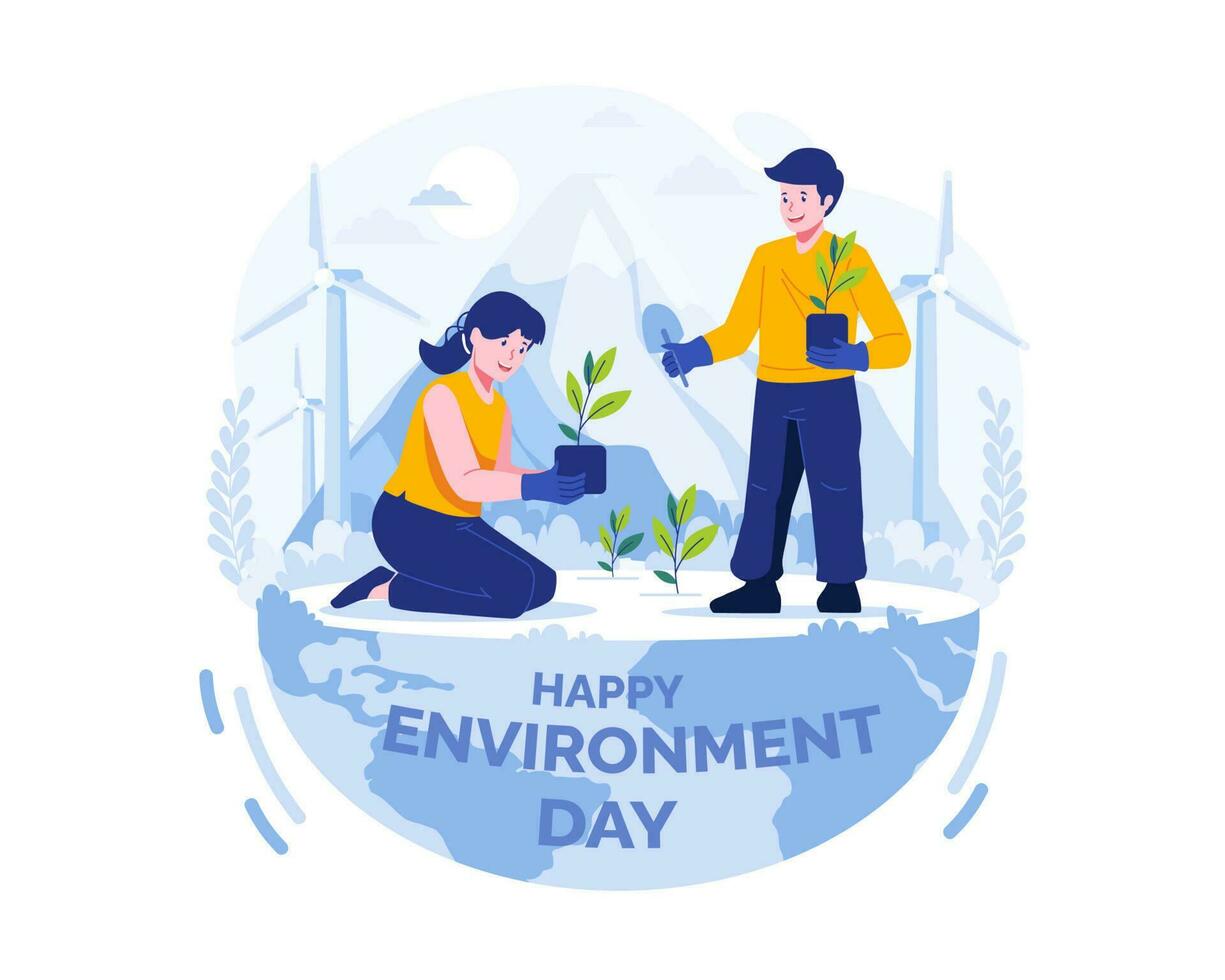 World Environment Day. Kids are gardening the earth. Two kids are planting seedlings for green nature environmental protection. Save our planet vector