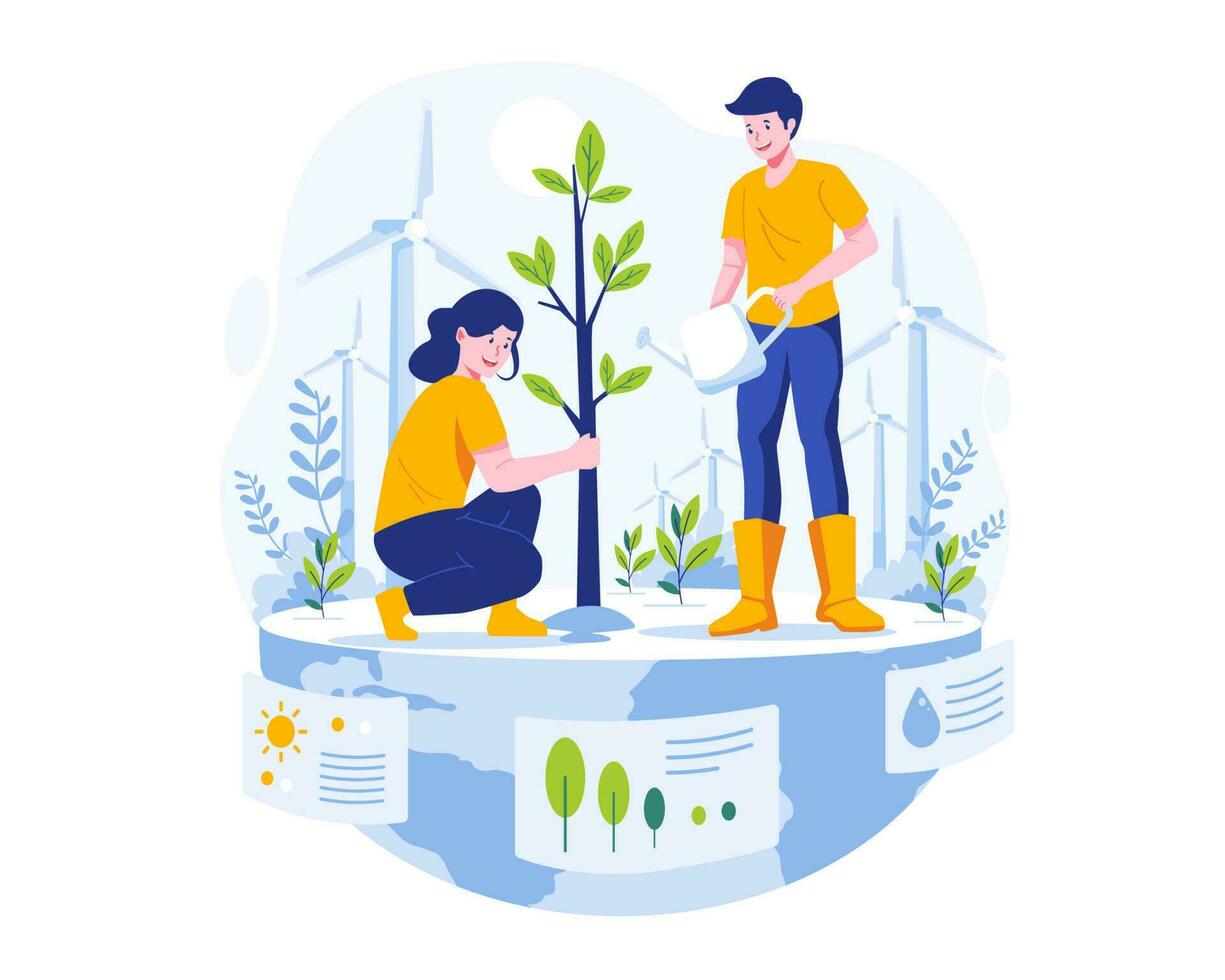 mundo ambiente día. personas son jardinería el tierra. un Pareja plantando y riego un árbol para verde naturaleza ambiental proteccion. salvar nuestra planeta vector