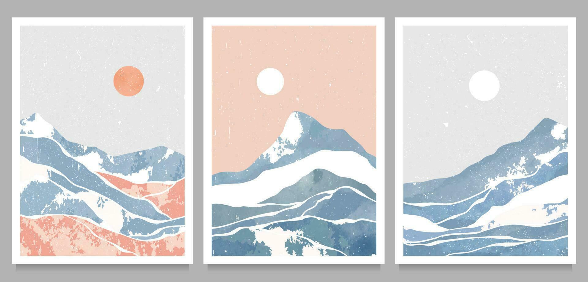 Set of Winter mountain landscape.  Mid century modern minimalist art print. Abstract mountain contemporary aesthetic backgrounds landscapes. vector illustrations