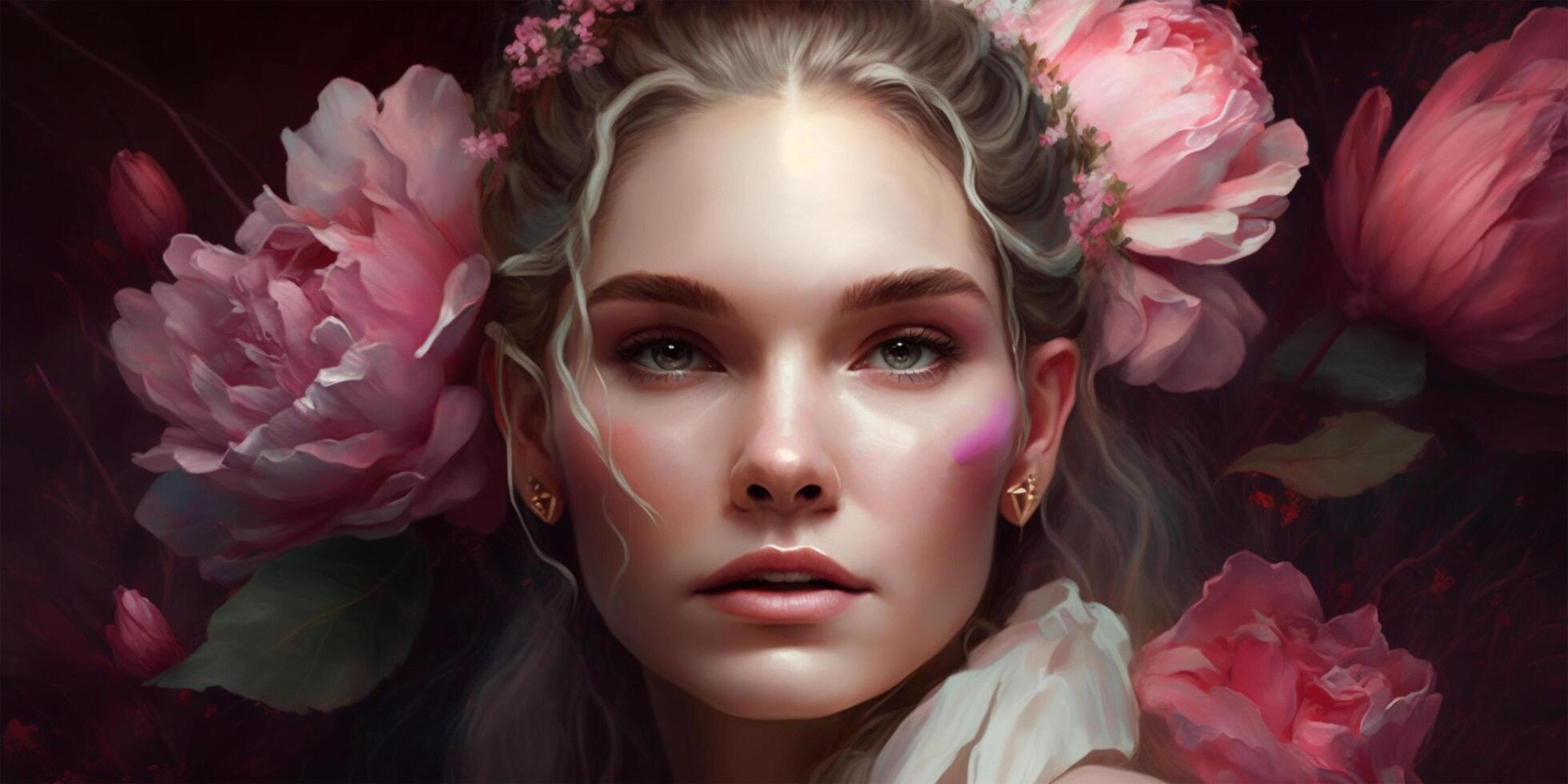 Spring or summer design of a woman face expression decorated with flowers. Pink flowers concept for mother's day, woman day or valentine. . photo