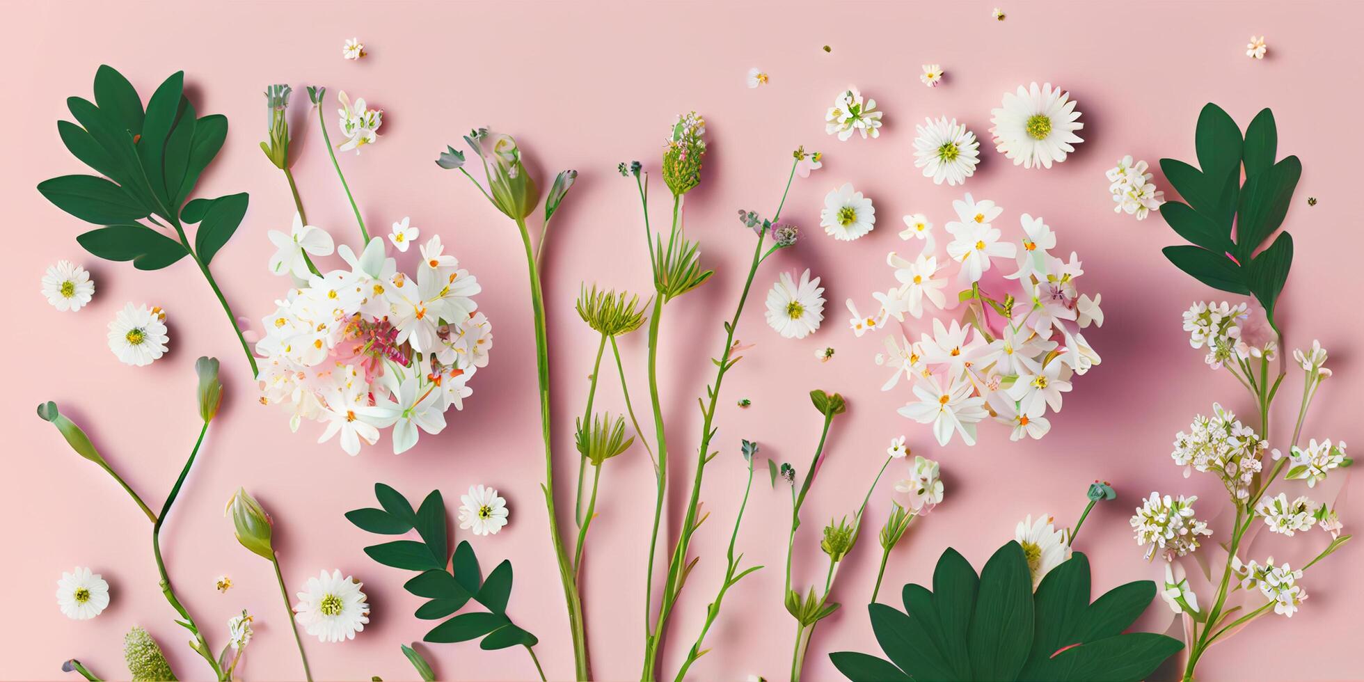 Flat lay concept of fresh field Spring flowers on Pink background isolated. Beautiful flowers decorative element set collection for wedding invitation or mother's day. . photo