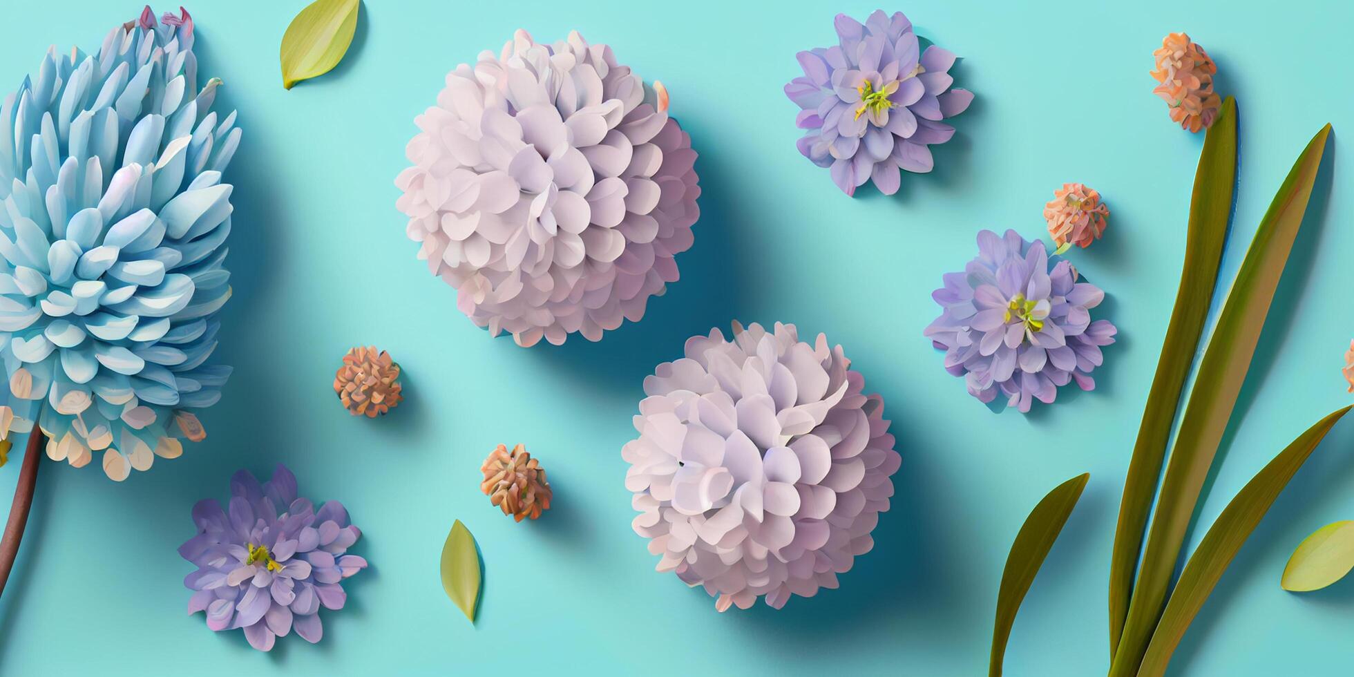 Flat lay concept of fresh field Spring flowers on Blue background isolated. Beautiful flowers decorative element set collection for wedding invitation or mother's day. . photo