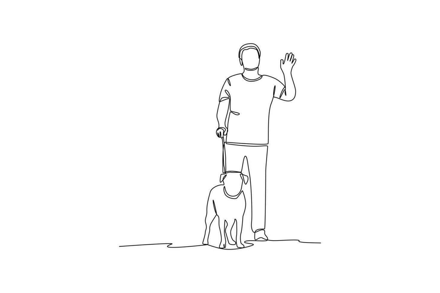 Single one-line drawing a man greeting while carrying a dog. Urban pet concept. Continuous line draw design graphic vector illustration.