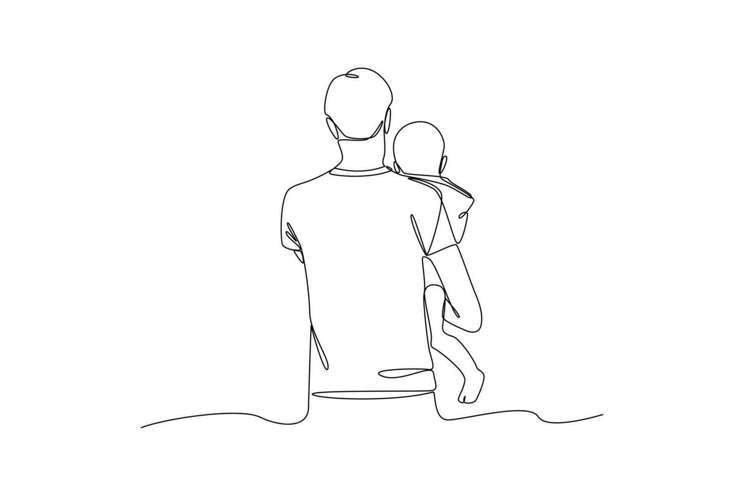 Single one-line drawing rear view of dad holding his baby. Father's Day concept. Continuous line draw design graphic vector illustration.