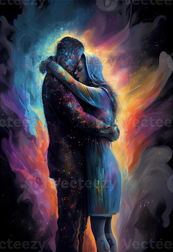 painting of a man and a woman hugging. . photo