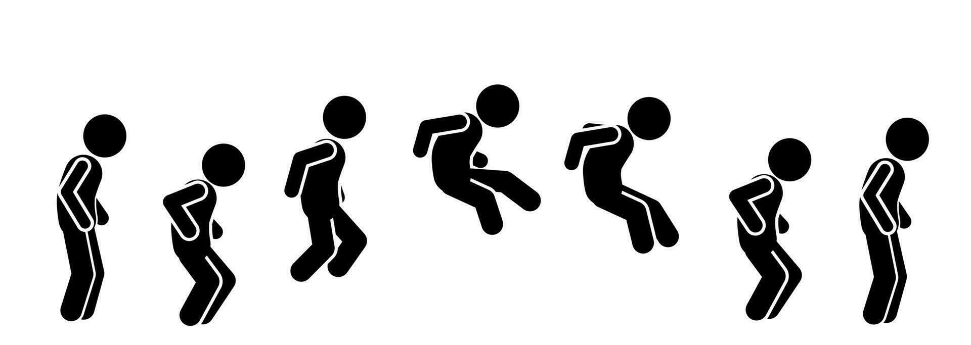 Man running and jumping sequence vector illustration frames collection. stick figure. silhouette. pictogram