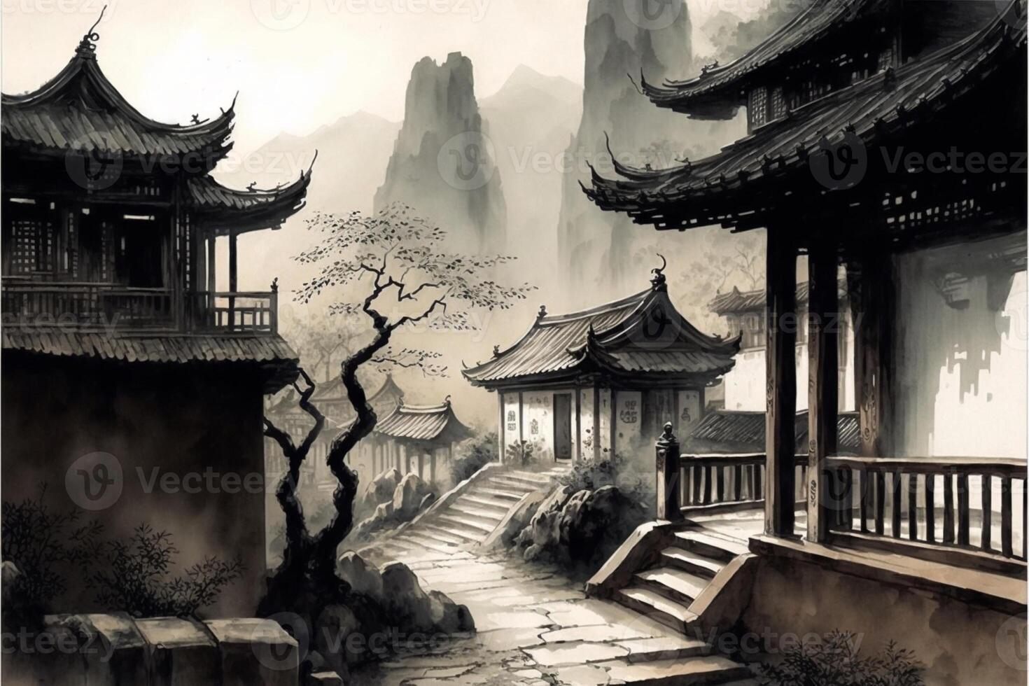 black and white painting of a chinese village. . photo