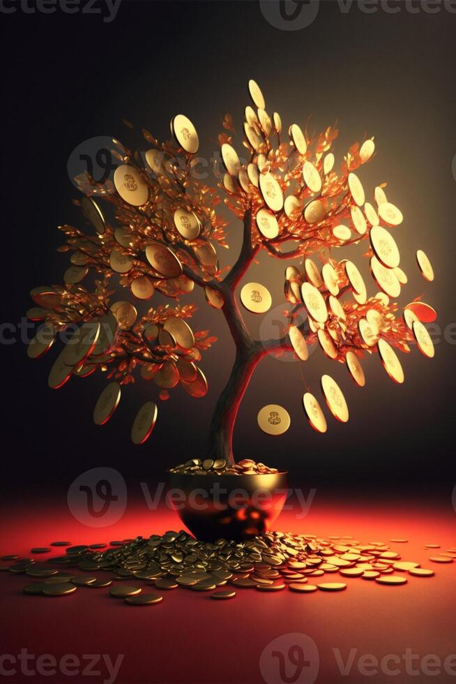 money tree sitting on top of a pile of coins. . photo