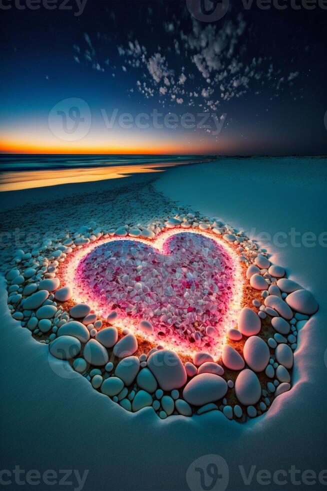 heart made out of rocks on a beach. . photo