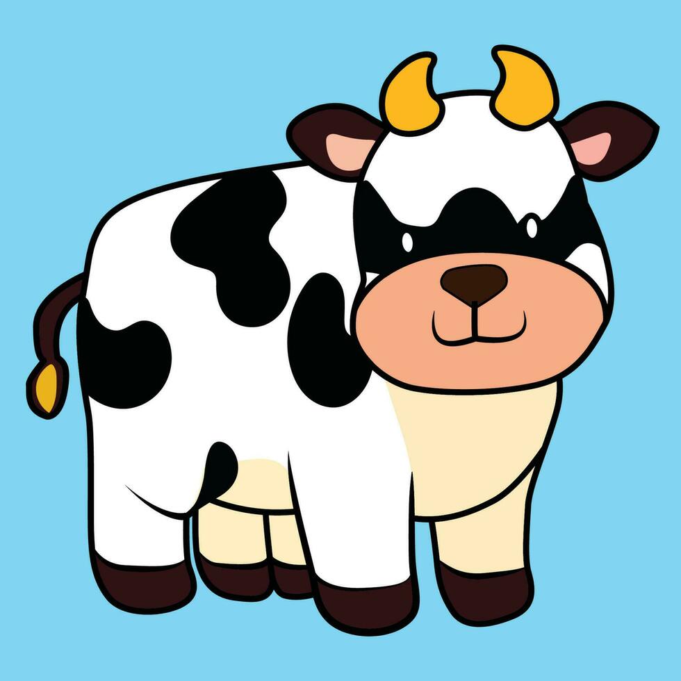 Cute Cow standing and looking in the camera. Hand drawn colored trendy Vector illustration. Funny character. Cartoon style. Flat design. Farm Animals concept. Isolated on blue background