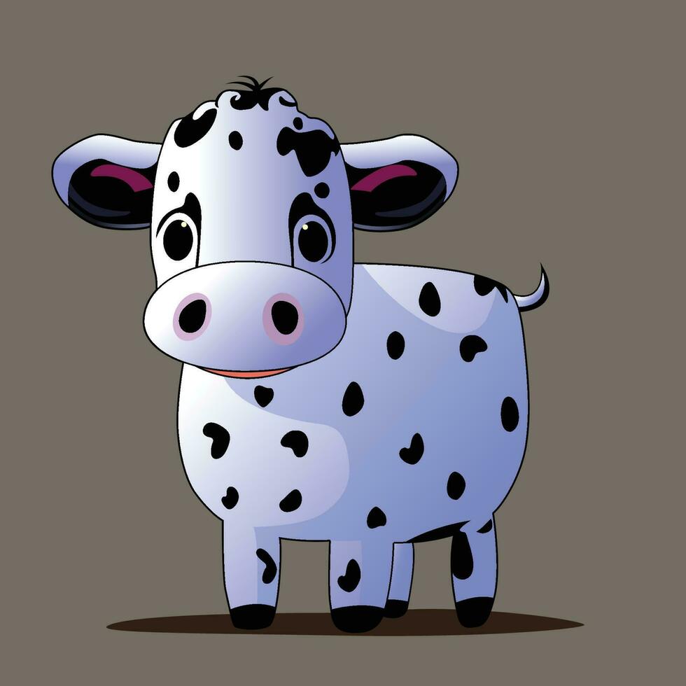 cow illustration, Cute vector cartoon style, cute animal mascot character, cattle domestic mammal, on gray background, for children's game, logo, children's book, animation, dairy product, card, etc