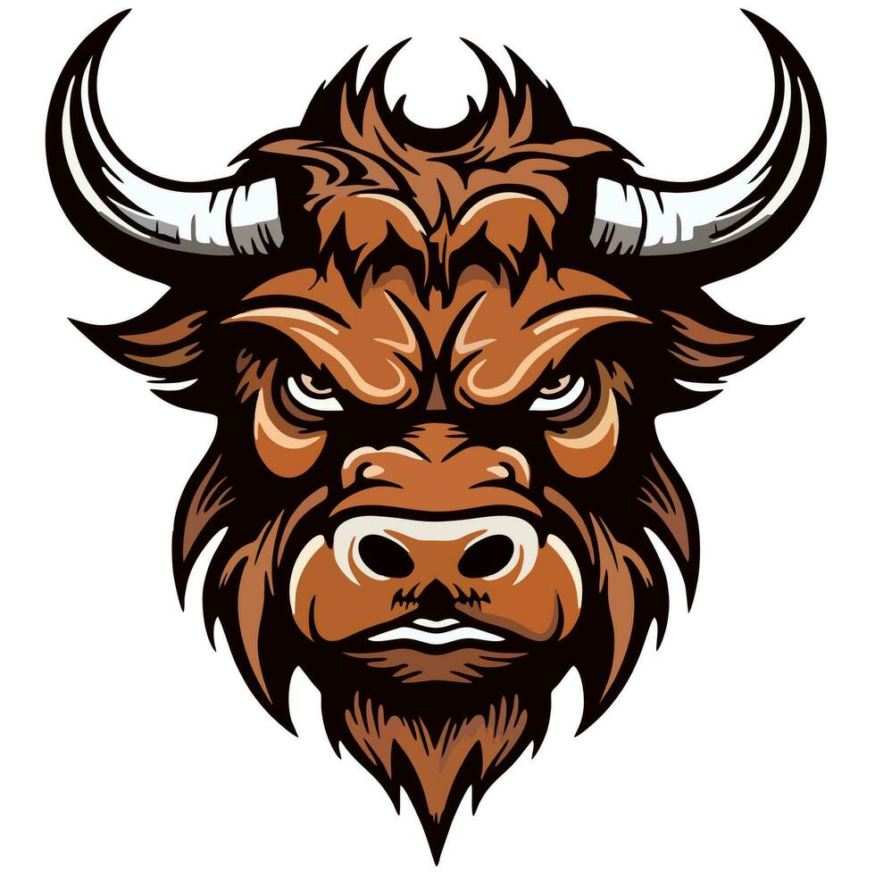 Bull's head with long horns on it's head is shown. vector