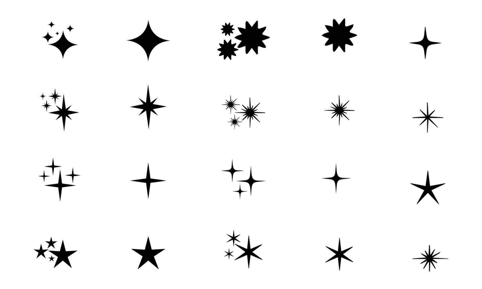 las estrellas brillan composiciones. plantilla de estrellas negras brillantes, diversos elementos brillantes aislados. objetos del cielo, parpadeo vector signos clipart