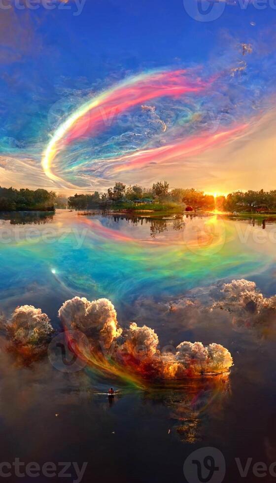 large body of water with a rainbow in the sky. . photo
