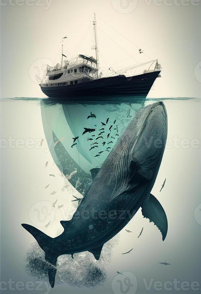 there is a large whale swimming in the water with boat background. . photo