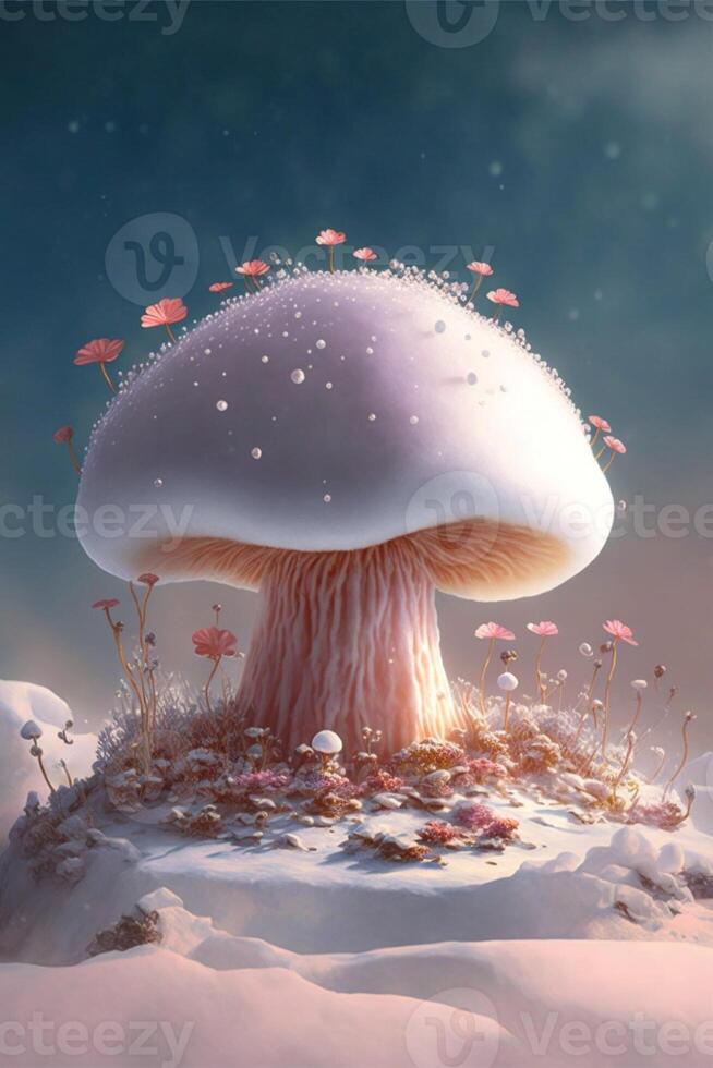 mushroom sitting on top of a snow covered ground. . photo