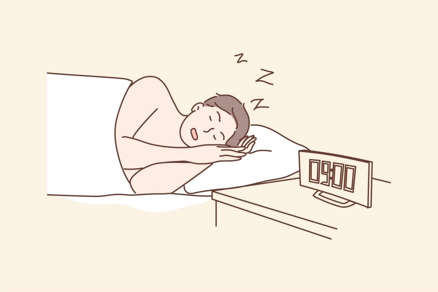 Morning, sleep, health, care, dream, relaxation concept. Young man or guy cartoon character lying sleeping in morning at home bed after long work. Taking nap for healthy rest lifestyle illustration. vector