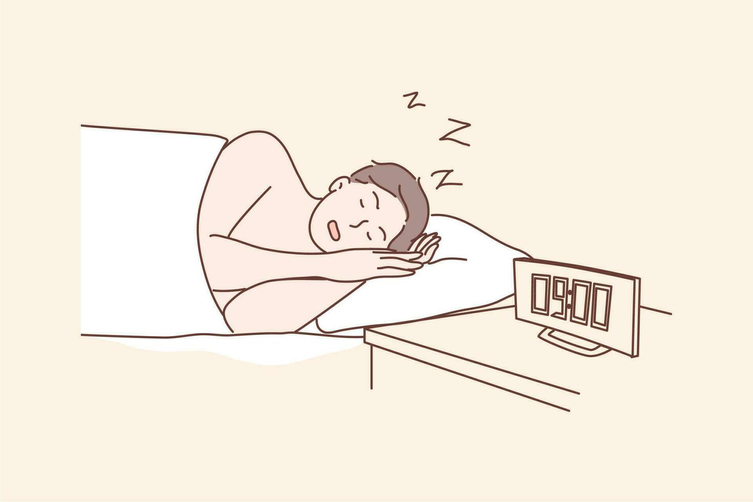 mañana, dormir, salud, cuidado, sueño, relajación concepto. joven hombre o chico dibujos animados personaje acostado dormido en Mañana a hogar cama después largo trabajar. tomando siesta para sano descanso estilo de vida ilustración. vector