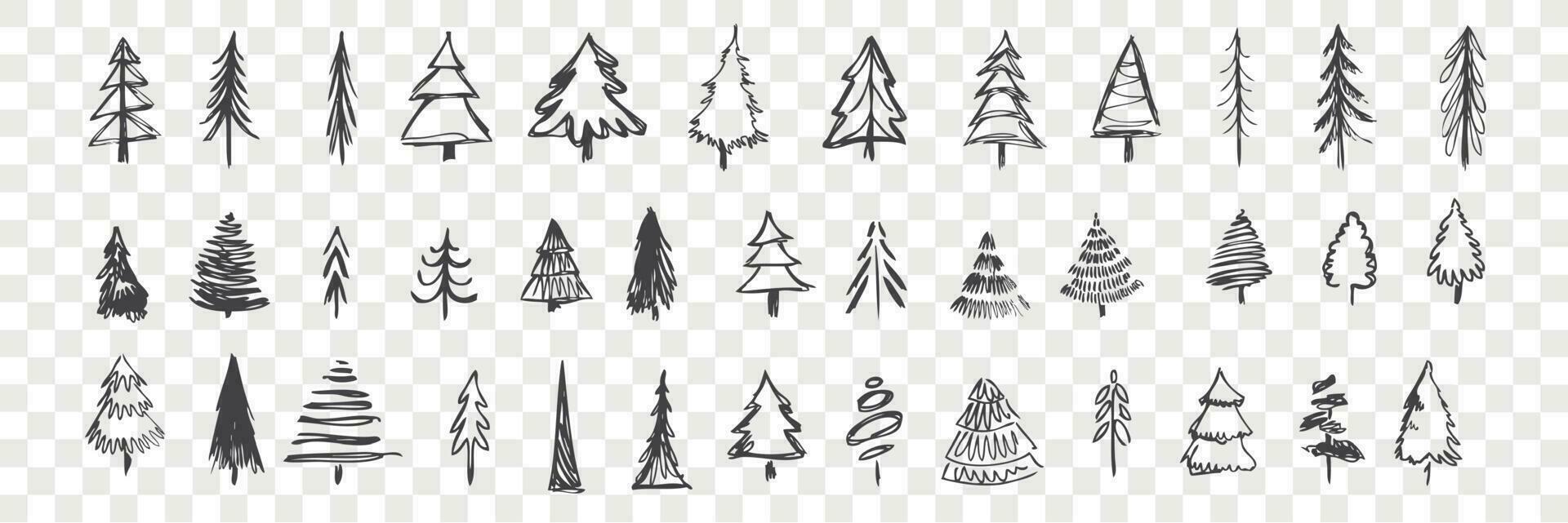 Hand drawn christmas trees set. Scribbles, doodles. Collection of pencil various scattered christmas trees. Sketches of different coniferous tree isolated on checkered background. New year symbol. vector