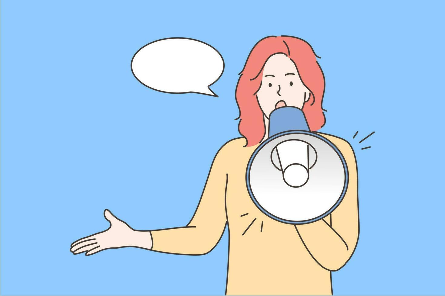 Protest, activism, announcement, speech, promotion concept. Young woman or girl protester activist cartoon character standing yelling with loudspeaker mouthpiece. Promo marketing or ads illustration. vector