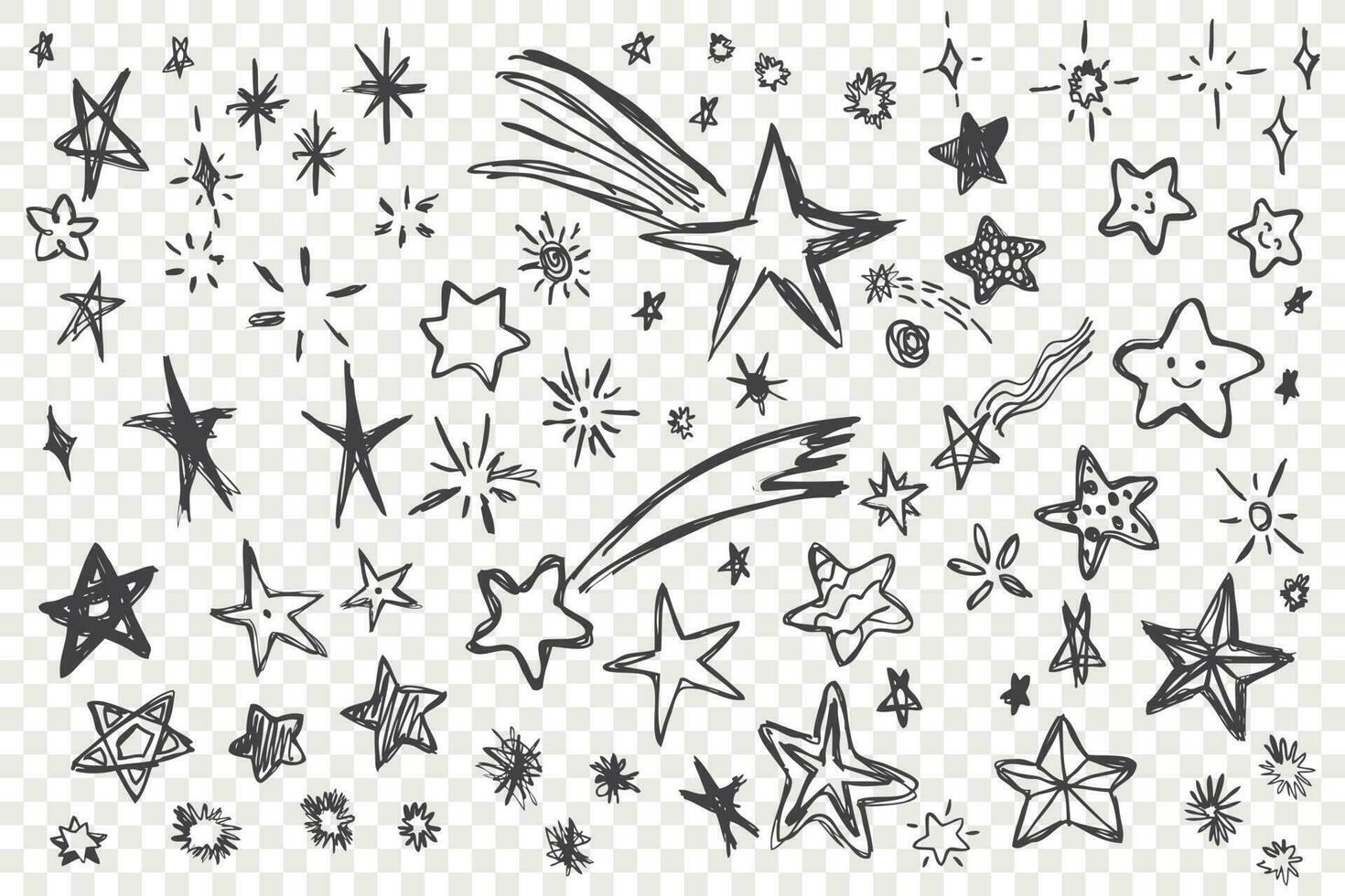 Various hand drawn stars set. Collection of black doodle scribble stars. Pack of various pen or pencil drawn pattern, standalone elements on checkered background. Vector illustration