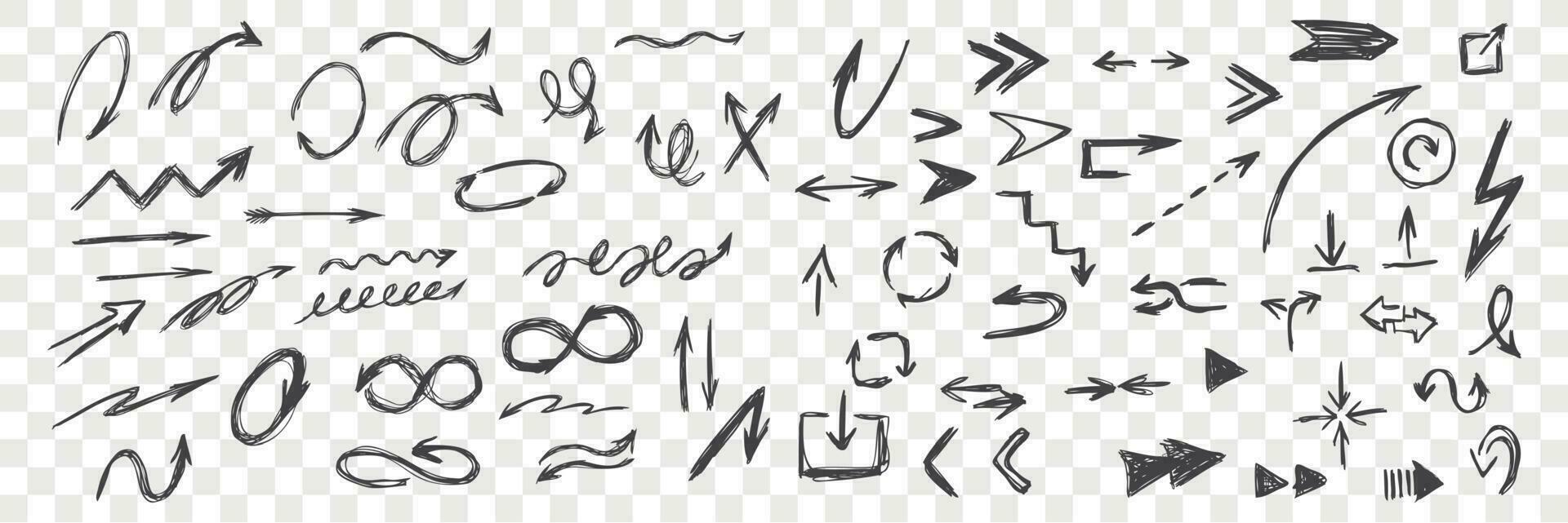 Set of hand drawn black arrows. Doodle curved scattered scribble arrow, sketch pointer line. Round, twisted navigation symbol. Direction arrowhead on checkered background. Vector illustration