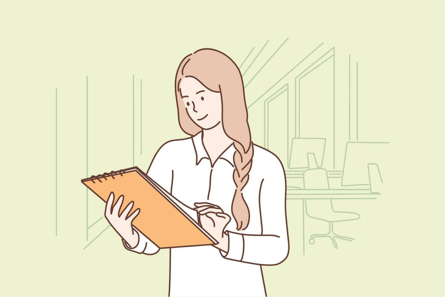 Business, work, examination concept. Young smiling businesswoman clerk manager cartoon character reading document report or contract at office. Profit analysis and financial paperwork illustration. vector