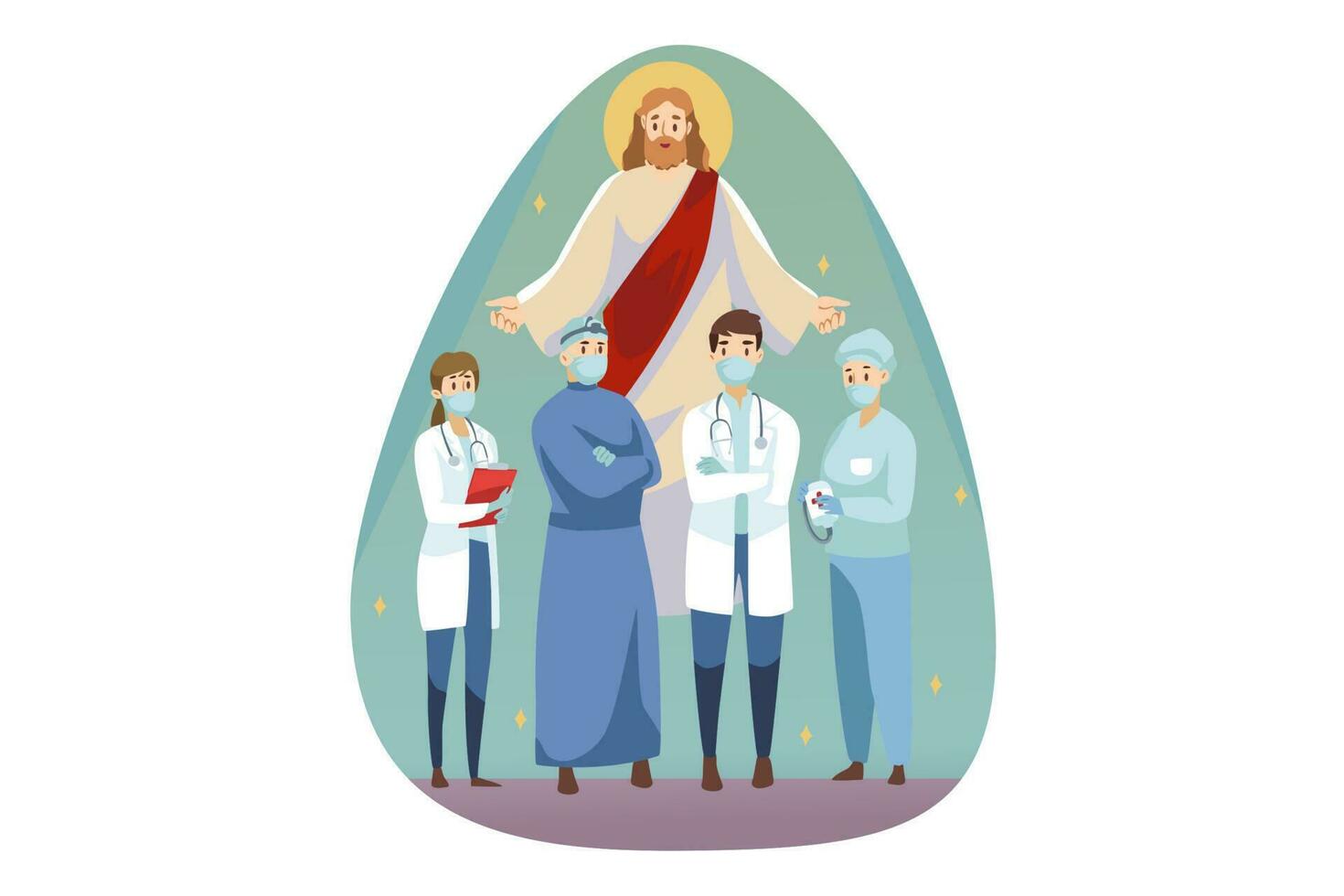 Christianity, bible, religion, protection, health, care, medicine concept. Jesus Christ son of God Messiah protecting men women doctors nurse with face masks standing together. Divine support and care vector