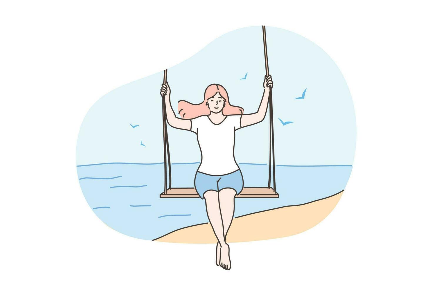 Travelling, summer vacation concept. Young happy woman or girl traveler tourist cartoon character swinging at ocean coast. Summer rest fun or recreation on sea beach and active lifestyle illustration. vector