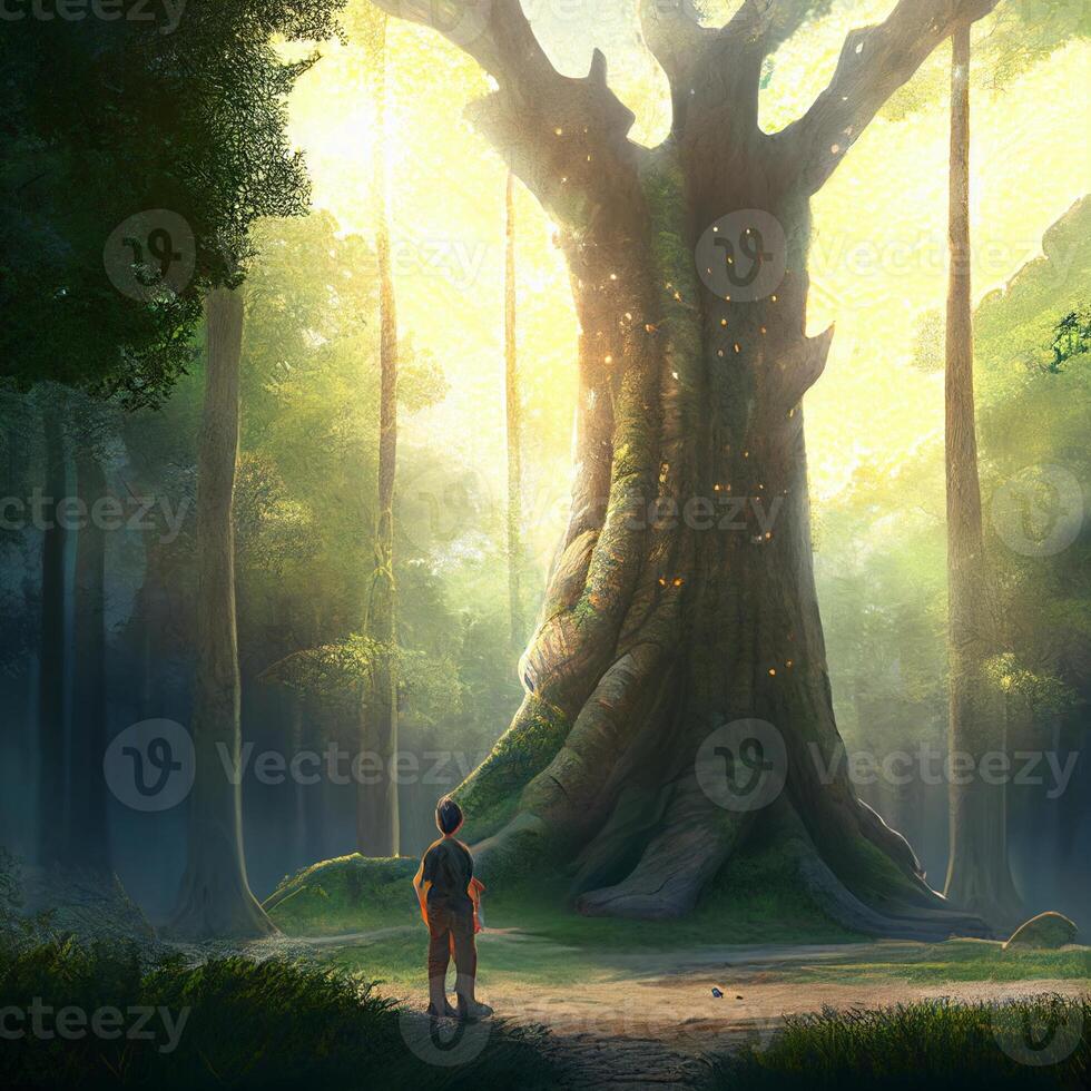 person standing in front of a big tree. . photo