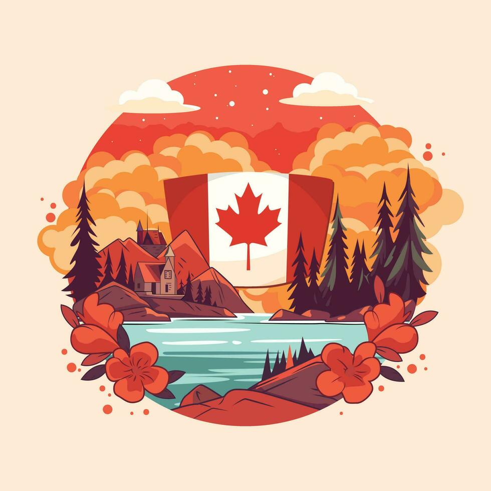 A cartoon illustration of a Canadian flag with a house and a house on the shore. Canada travel vector illustration in flat design style. Travel to Canada concept.