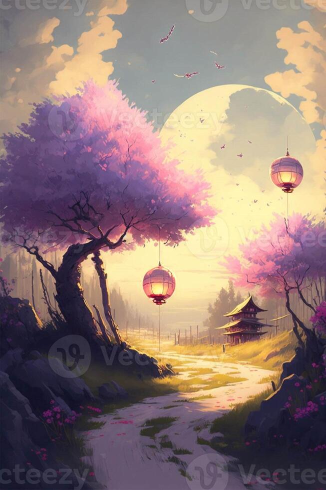 painting of two lanterns hanging from a tree. . photo