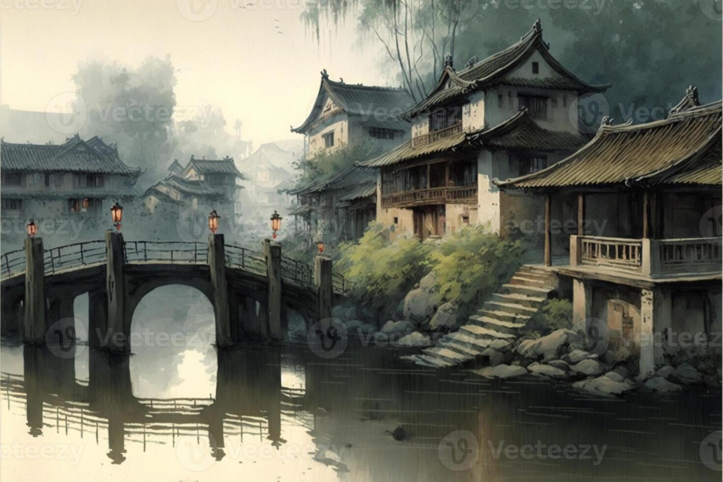 painting of a bridge over a body of water. . photo