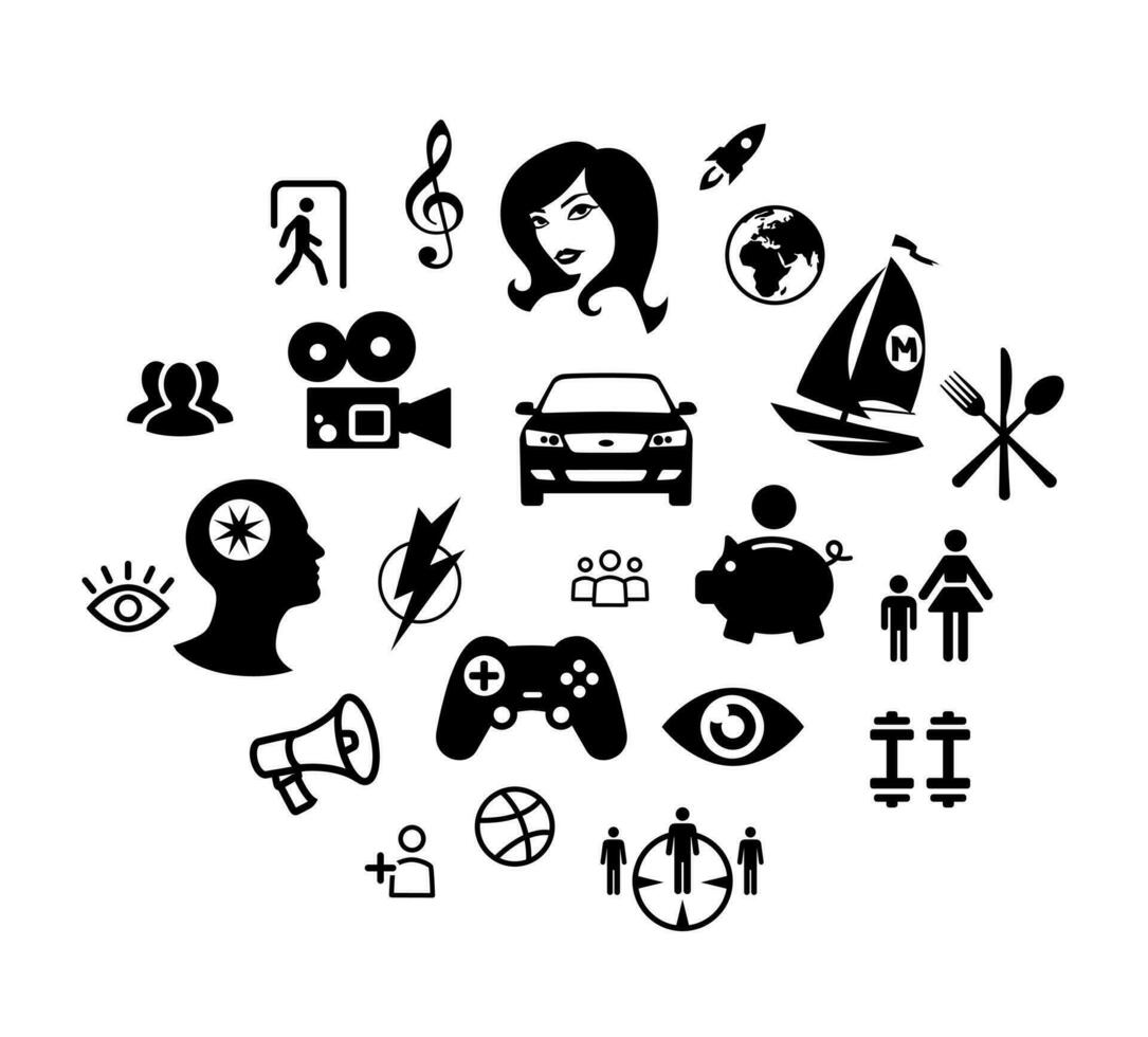 Icons, material values and consumer goods. Lifestyle and hobbies. The card of the desires of a man. Dreams of men. Yachts, cars, money and more. Signs and symbols for design. vector