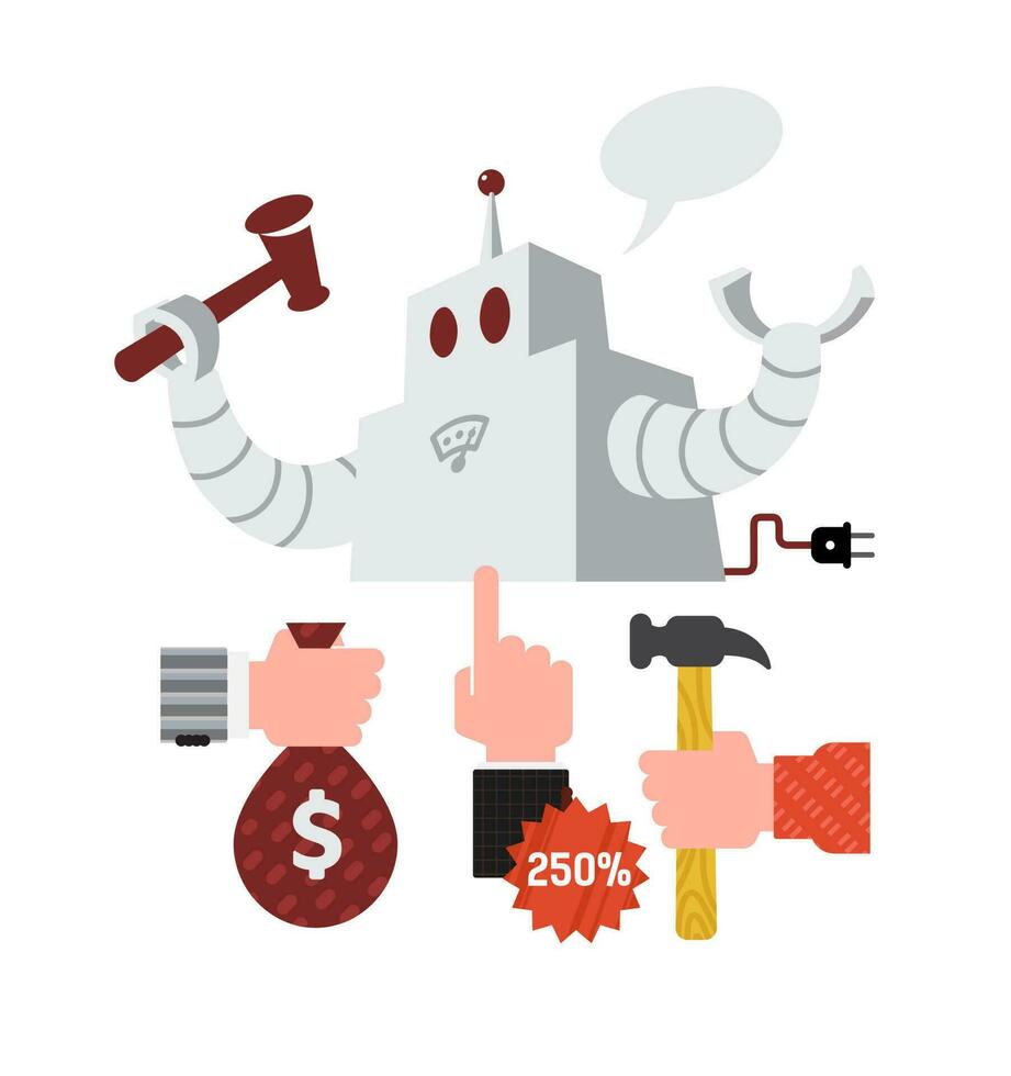 Robot with a hammer. Image of automated auctions. Vector. Hand with a bag of dollars and other items. All elements are isolated on a white background. Flat style. vector