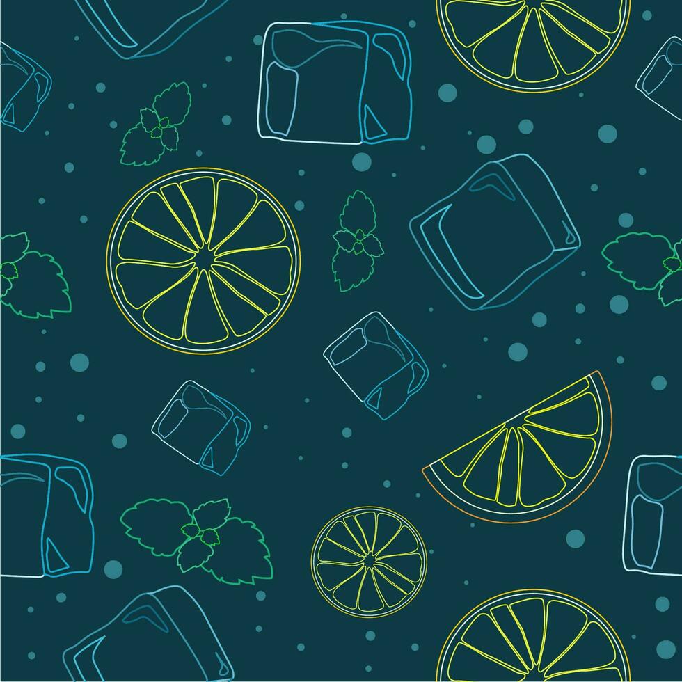 Mojito cocktail seamless pattern. Top view lemonade wallpaper. Illustration with mint, ice cube and lime. Fresh summer time print or t-shirt, prints, banner, party invitation or packaging design. vector