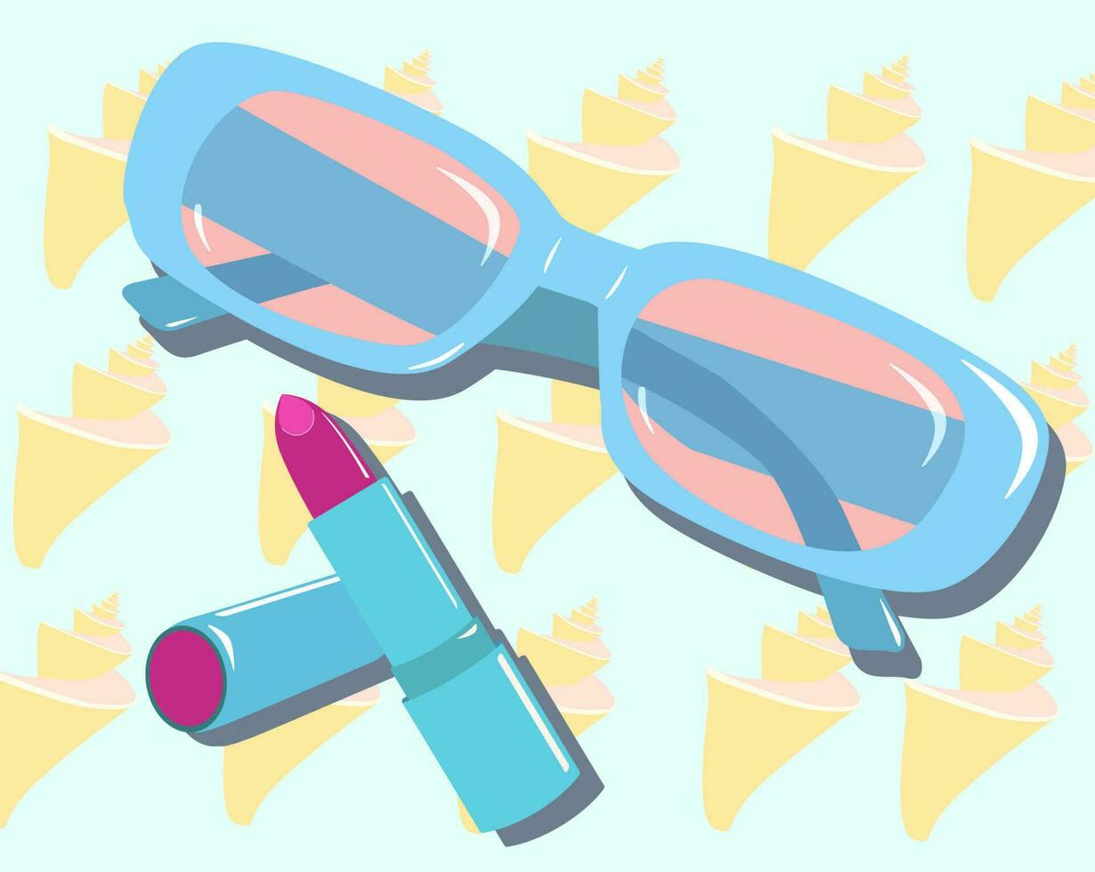 Fashion pin. Lipstick, sunglasses, Shell background Isolated blue background, Flat design Vector