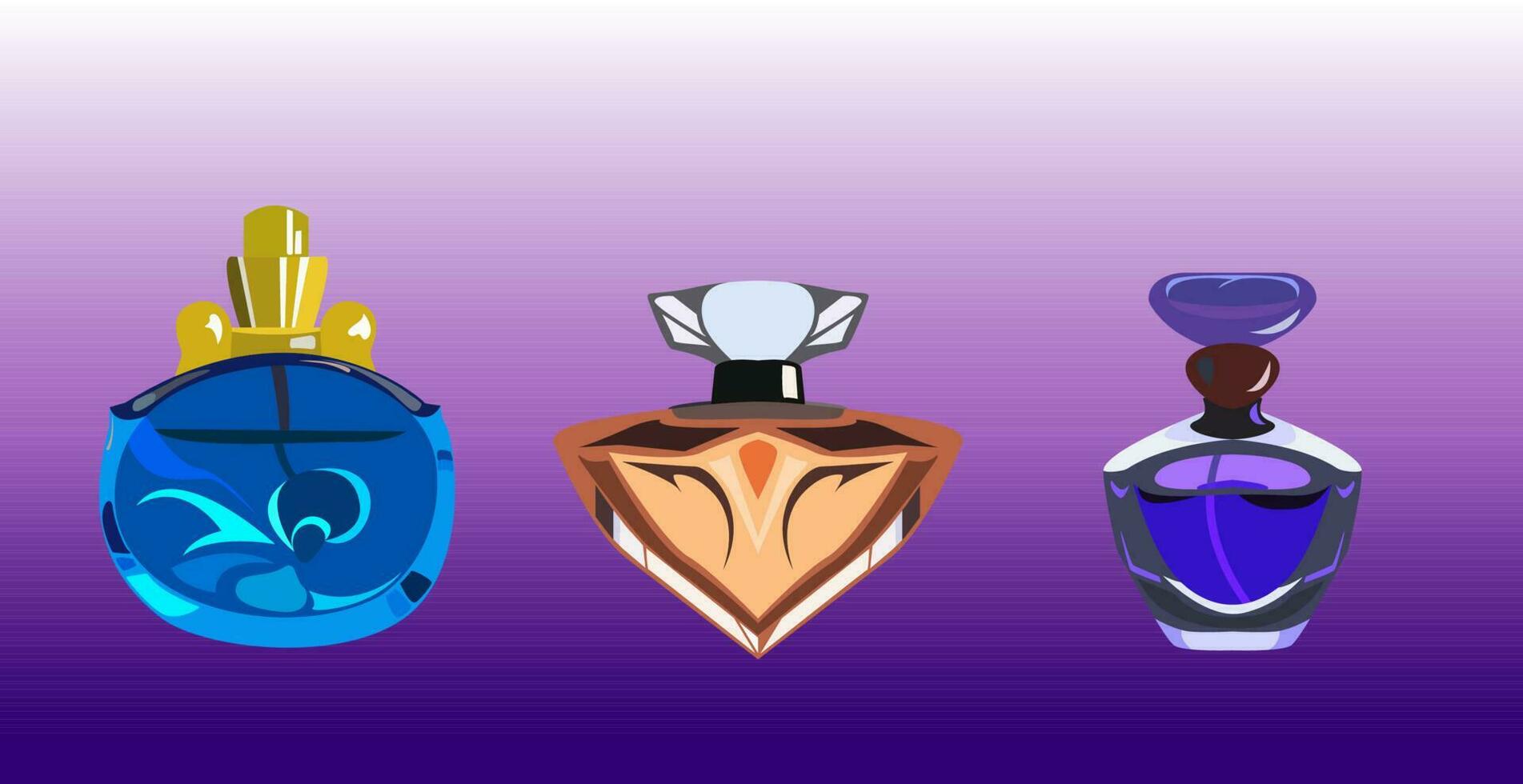 Flat icon set of parfume bottles. Man and women fragrances in various shaped bottles vector