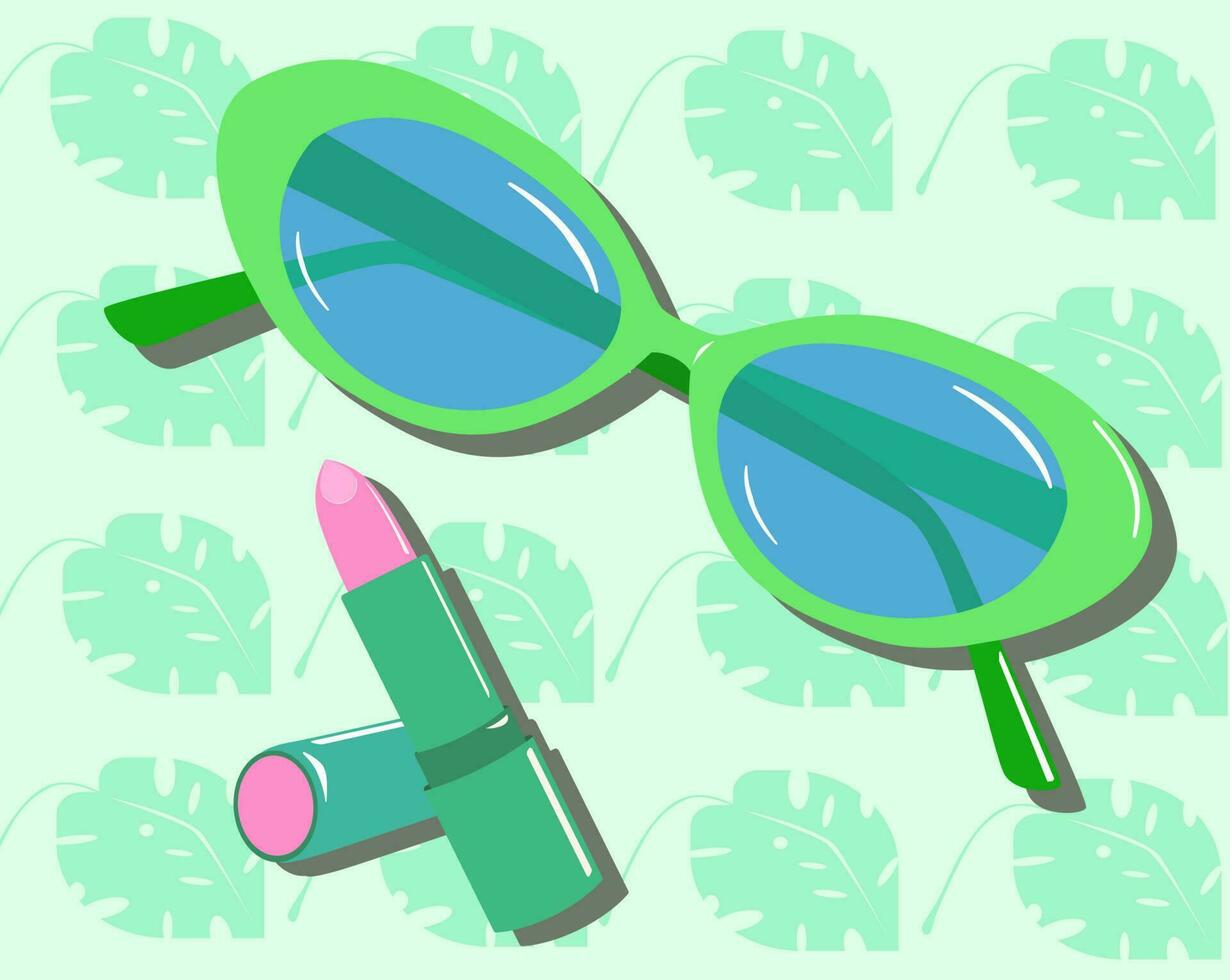 Fashion pin. Lipstick, sunglasses, Monstera background Isolated, green background, Flat design Vector