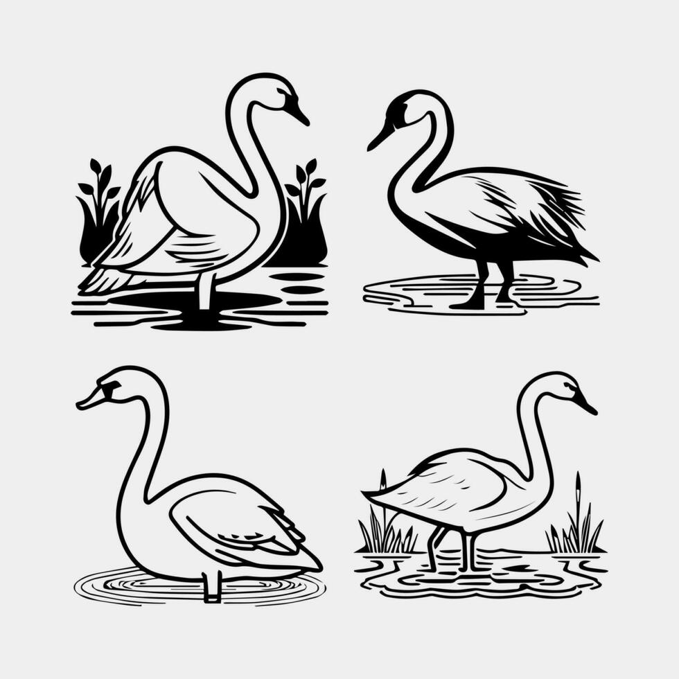 set of Black silhouette swan largest flying bird swim on water cartoon animal design flat vector illustration isolated on white background