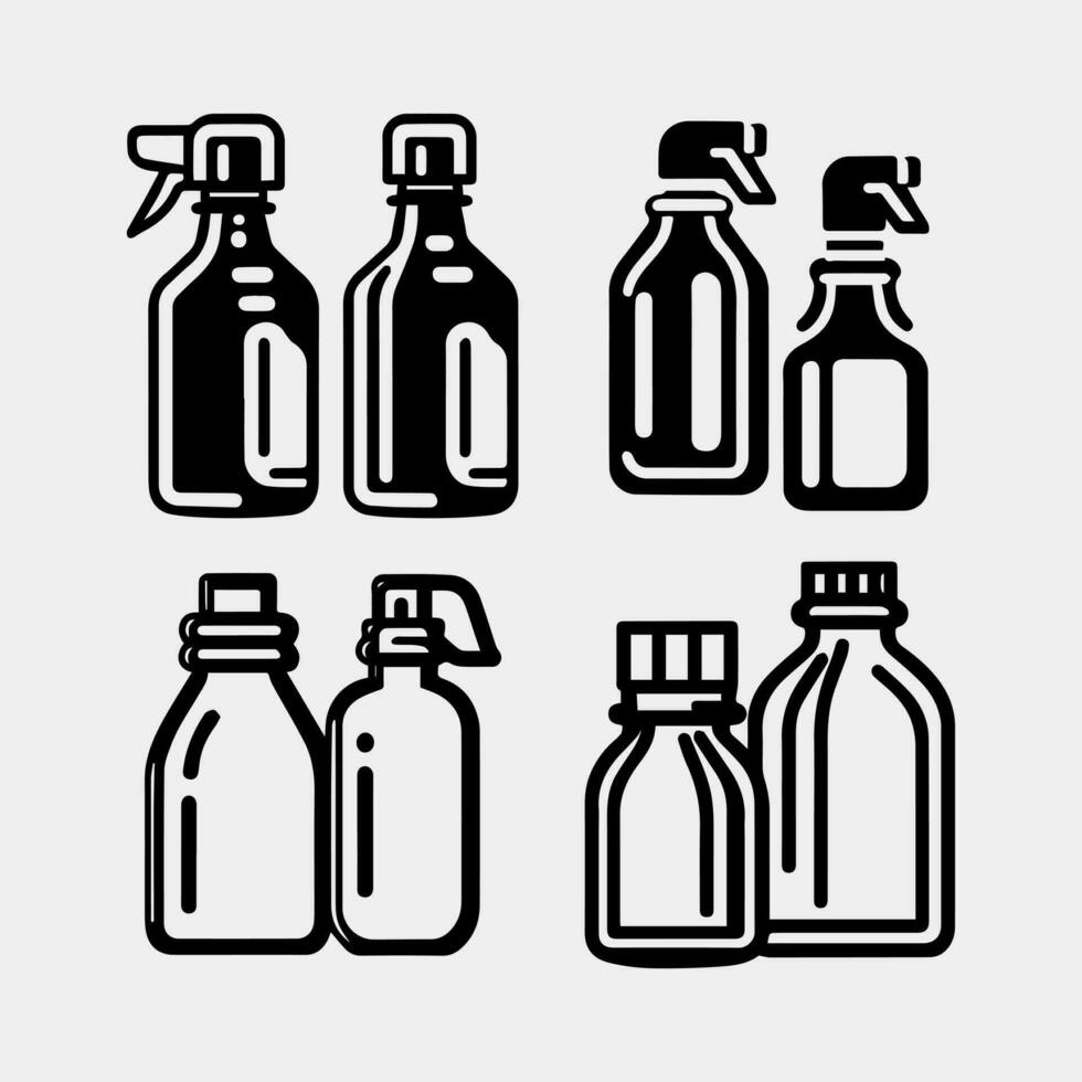 Spray bottle in doodle. Sprayer icons set in sketch. Hand drawn spray can. Doodle style vector