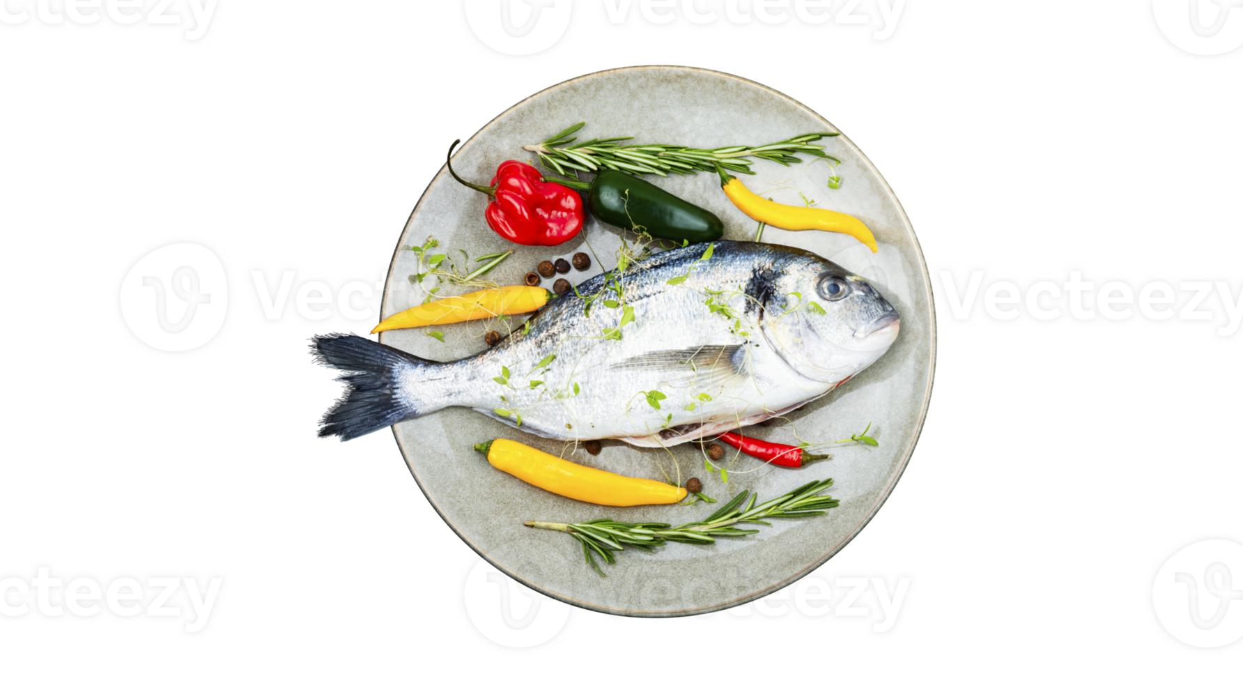 Fresh dorado fish with vegetable slices on transparent background png