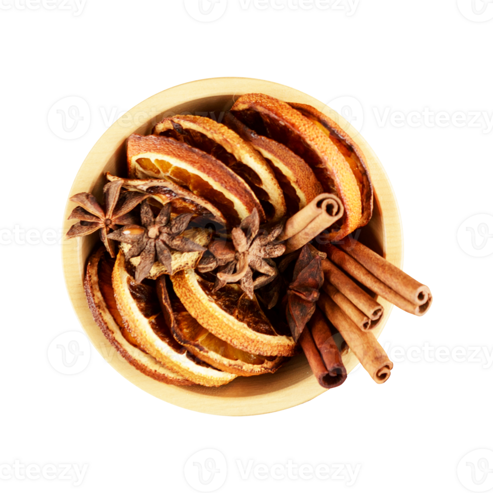 Dried orange slices with cinnamon sticks on transparent background png
