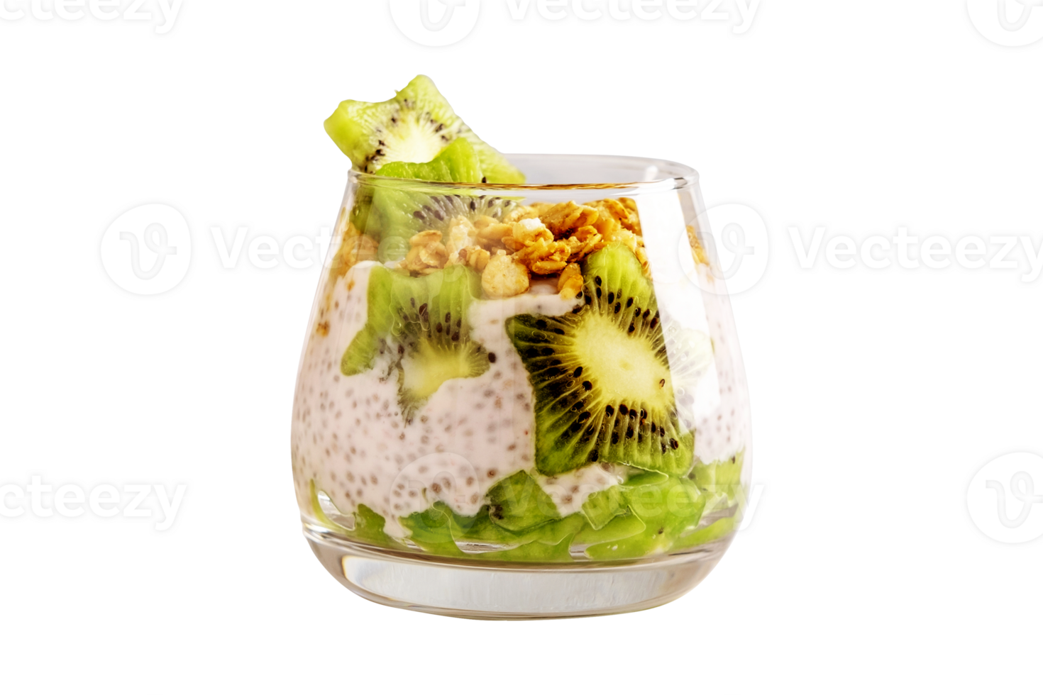 Tasty chia pudding glass with kiwi on transparent background png