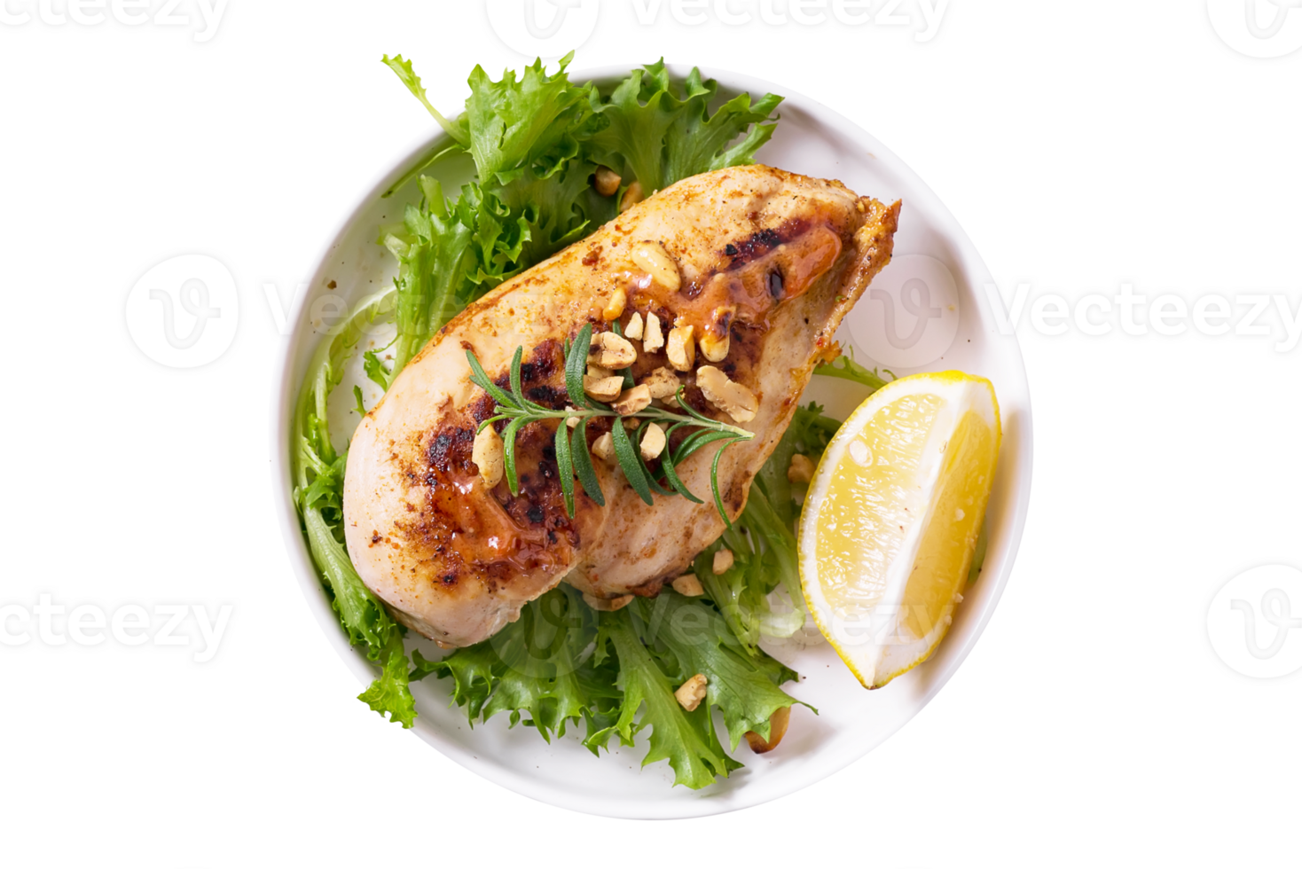 Tasty grilled chicken breast with lemon slice on transparent background