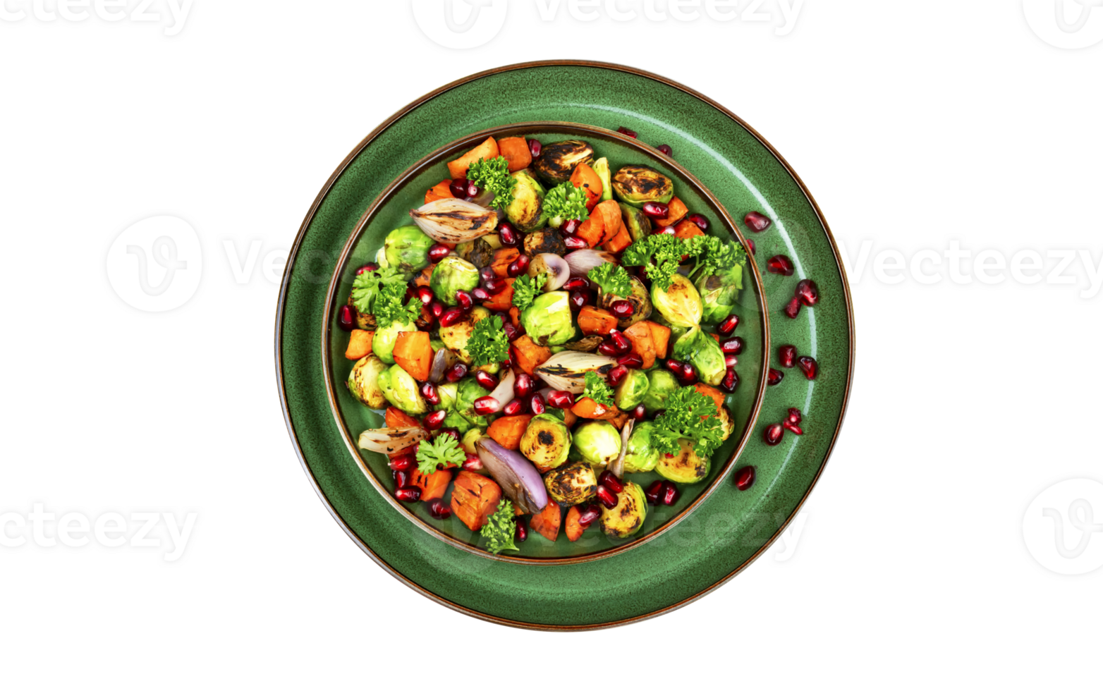 Fresh grilled vegetable salad with pomegranate seeds on transparent background png