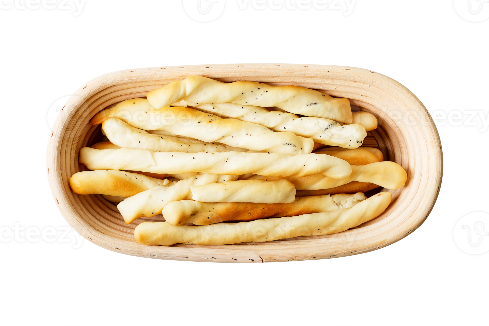 Freshly baked Italian bread sticks in bowl on transparent background