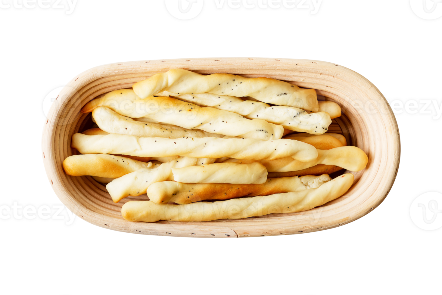 Freshly baked Italian bread sticks in bowl on transparent background png