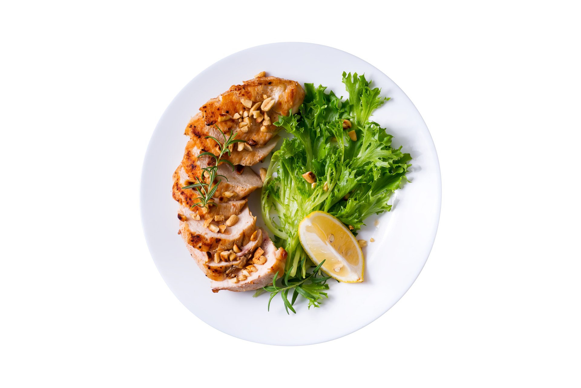 Tasty grilled chicken breast fillet with asparagus and lemon slice on