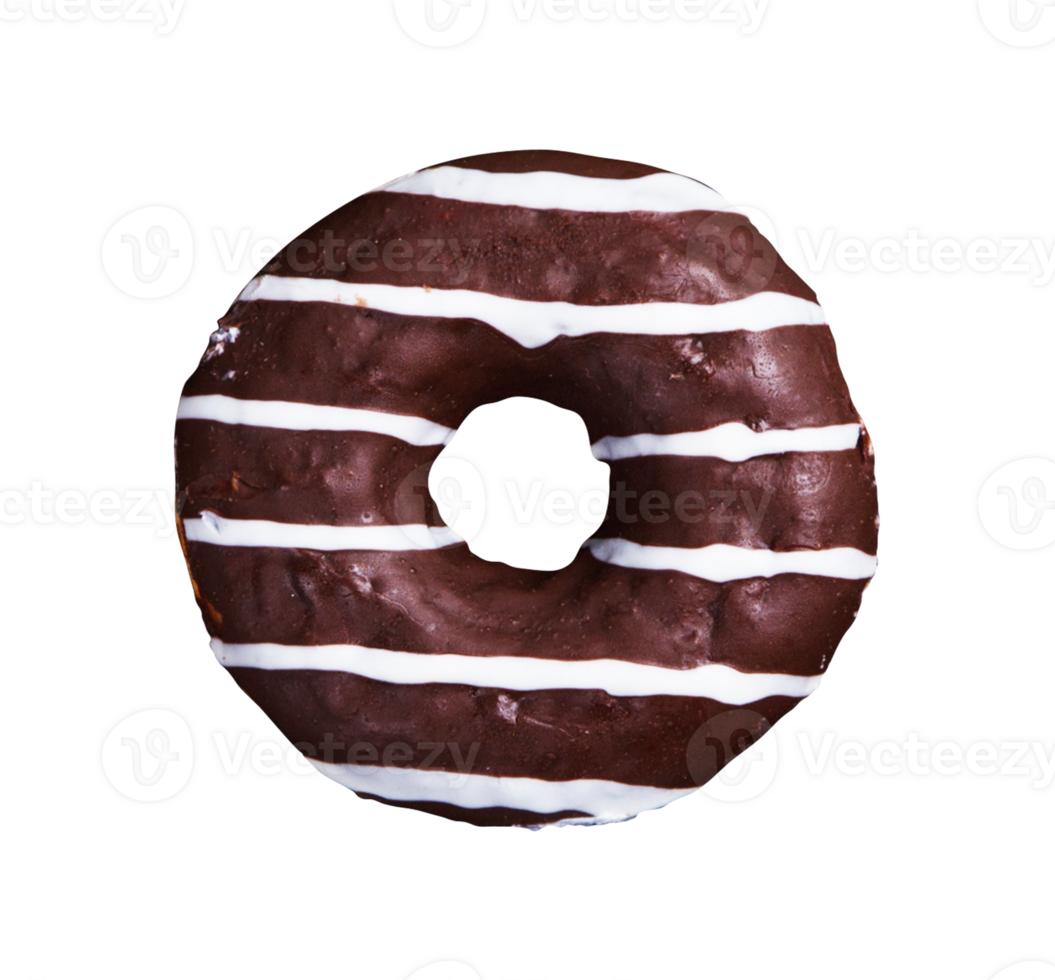 Chocolate glazed donut with white strips on transparent background png